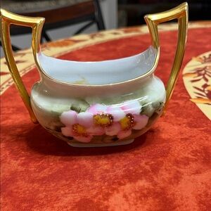 Limoge Hand Painted Elegant Floral Sugar Bowl with Gold Handles